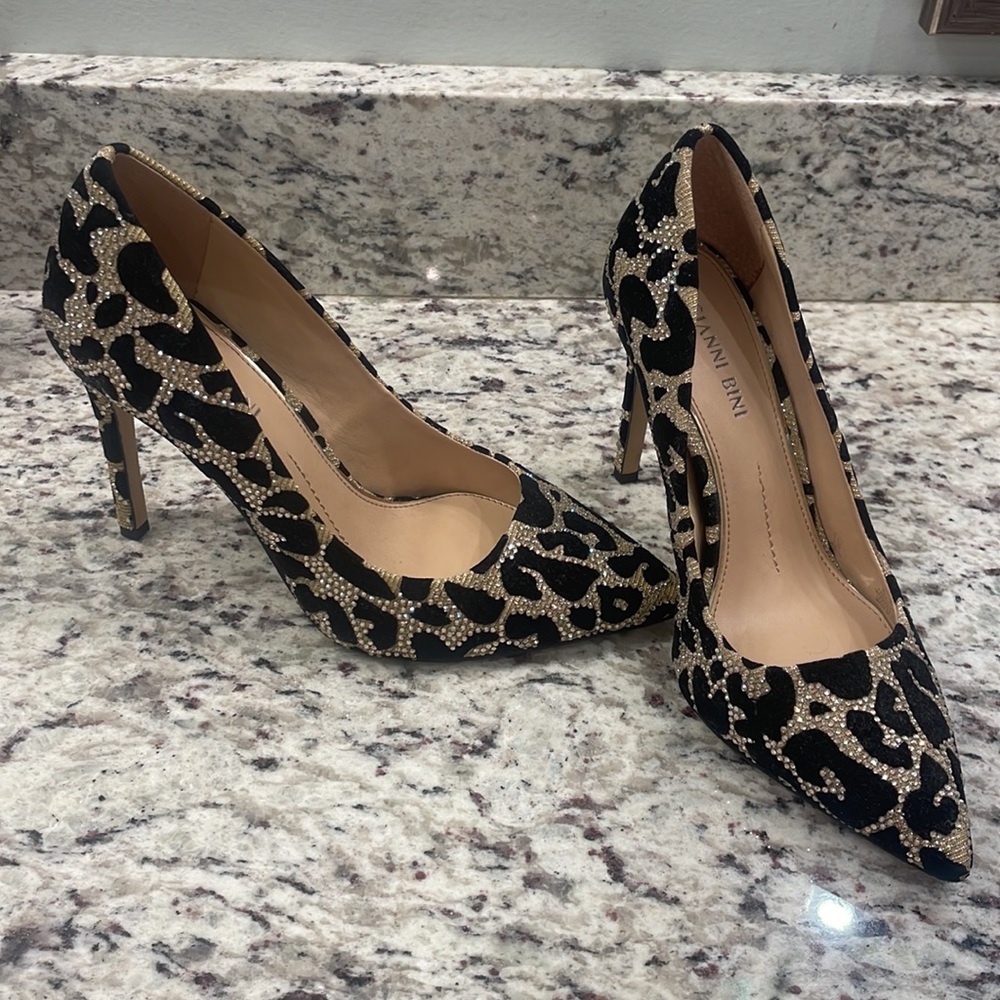 Gold and black leopard sparkle heels